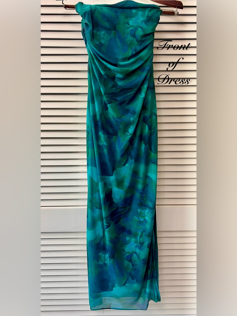SHEIN Teal and Blue Watercolor Fully Lined Strapless Mesh Maxi Dress w/Slit